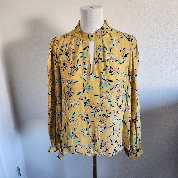Maeve Anthropologie Meadowsweet Blouse Sz 6 Yellow Floral Keyhole Neck Feminine - Picture 1 of 6